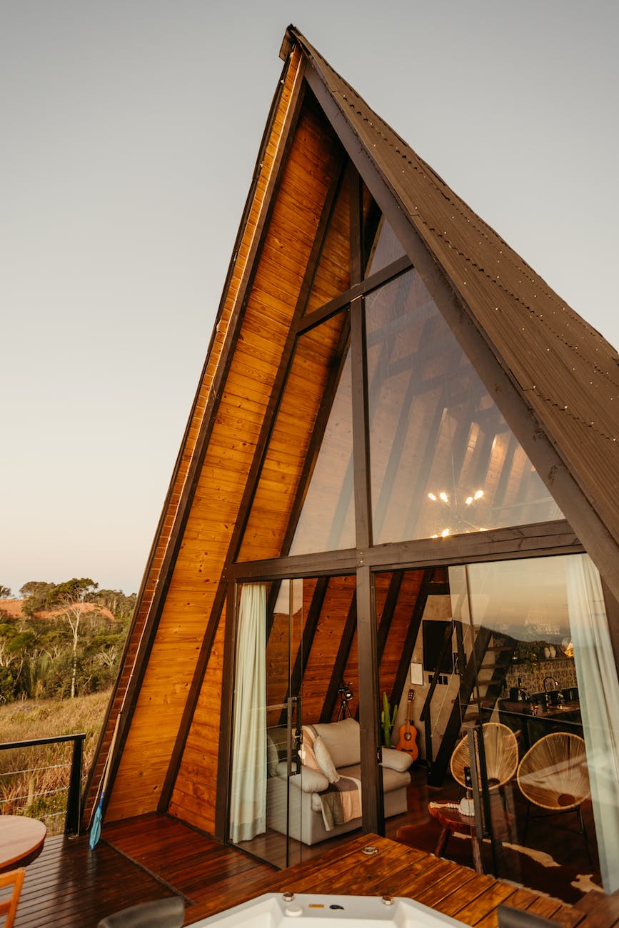 beautiful triangular shaped wooden chalet